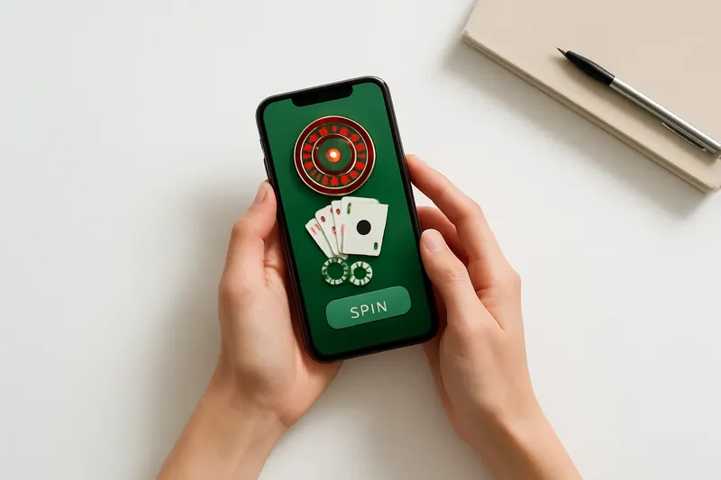 Hands holding phone with casino app above white desk