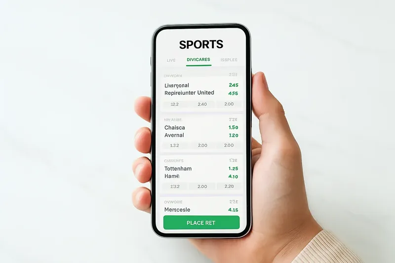 Hand holding smartphone showing sports betting odds on marble surface