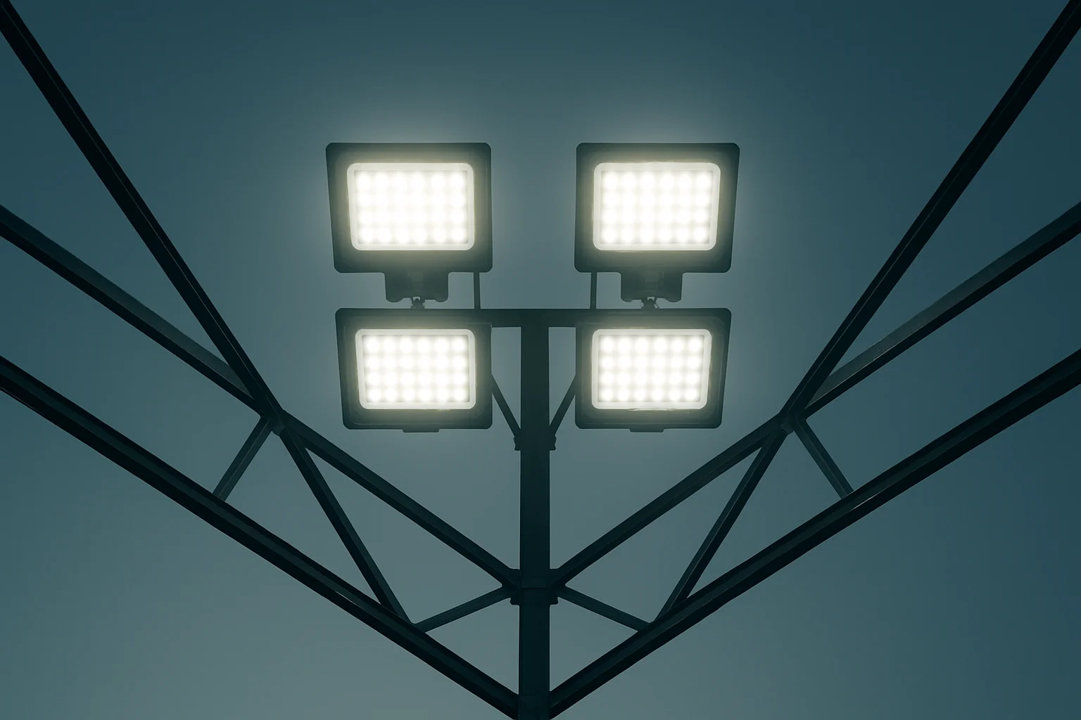 Looking up at four bright stadium floodlights against darkening blue sky