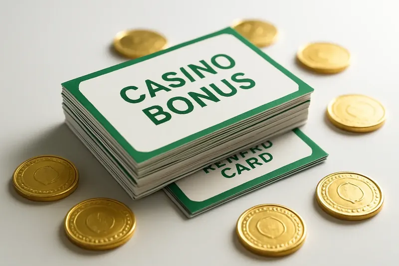 Stack of casino bonus vouchers and reward cards with gold coins