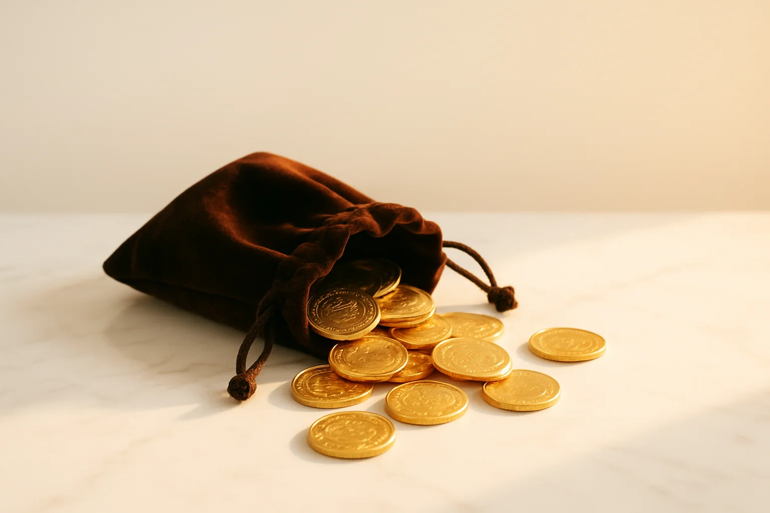 Golden coins spilling from a velvet pouch on white marble