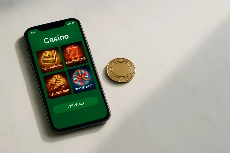 Smartphone on white marble showing colorful casino game lobby