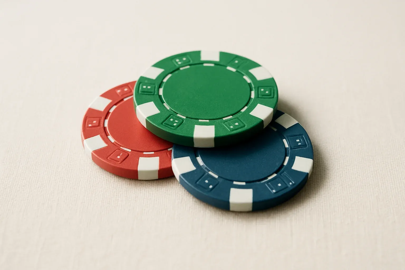 Stacked Poker Chips Three stacked poker chip denominations on white background with subtle shadows
