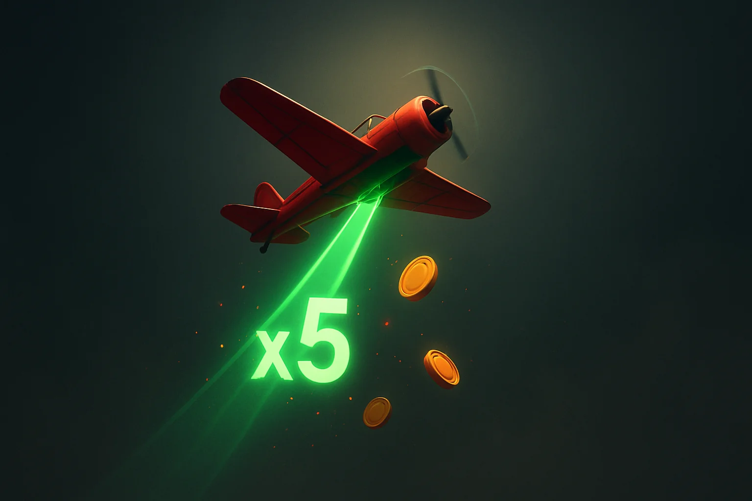 Red airplane climbing with glowing multiplier trail, coins, and sparks