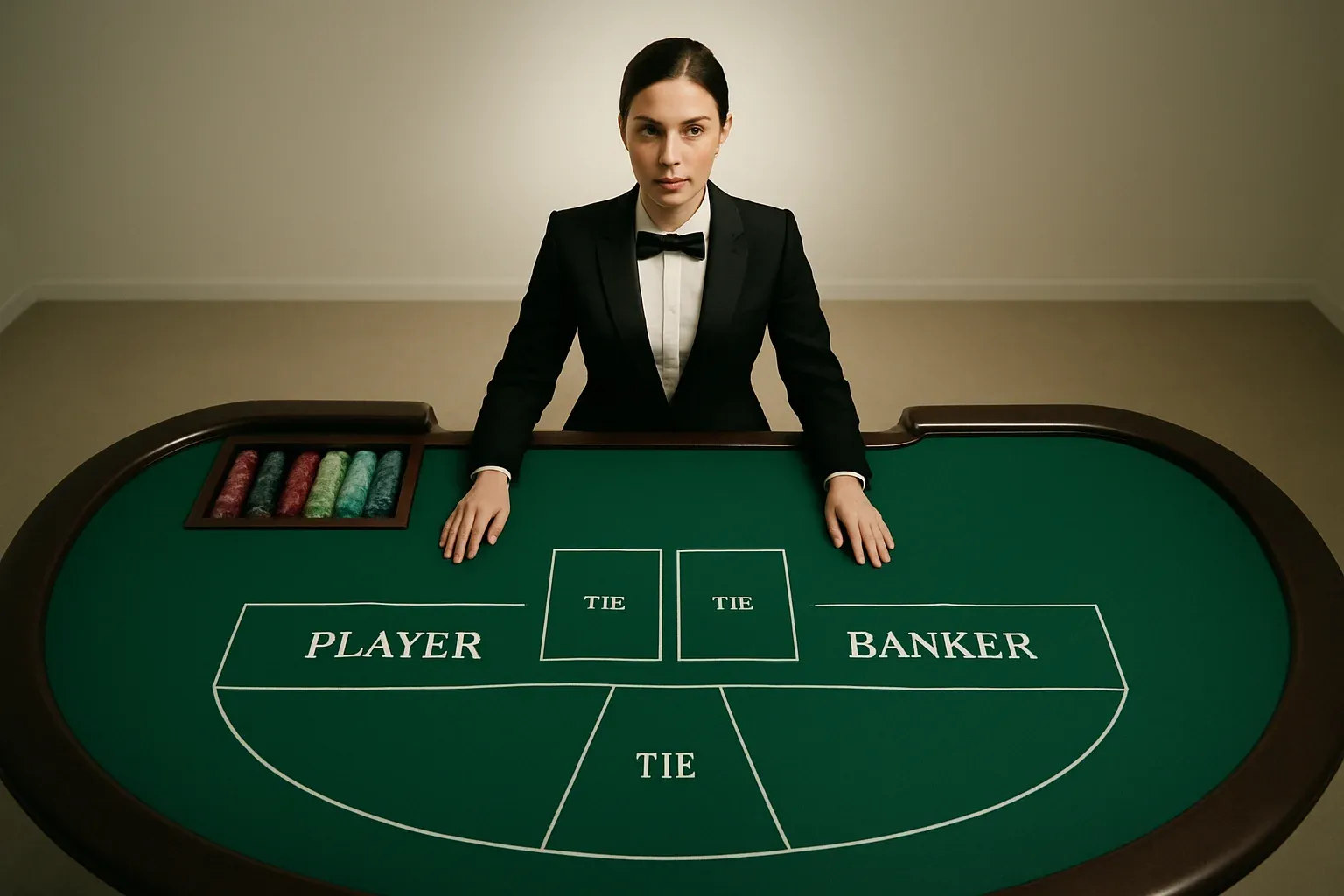 Live Dealer Baccarat Professional female dealer at elegant live baccarat table in casino