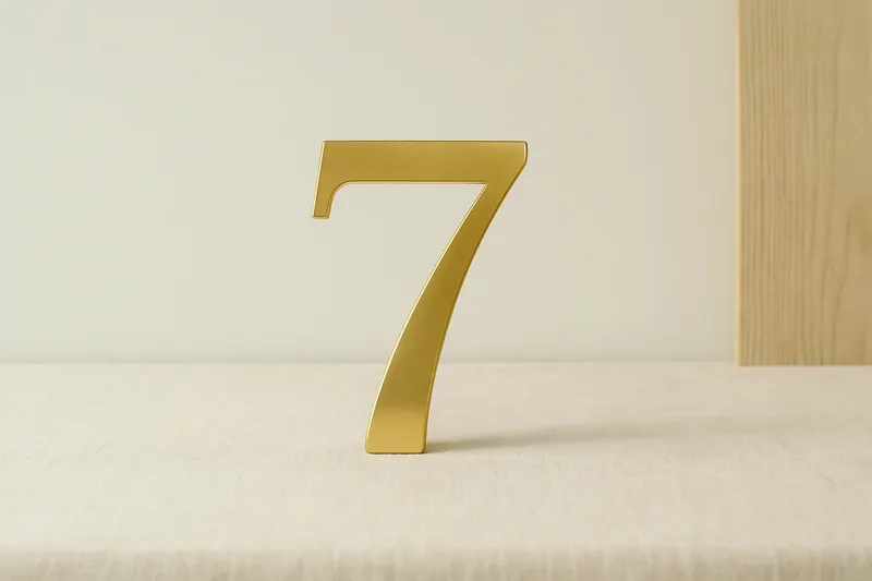 Large golden seven symbol on cream background with soft shadow