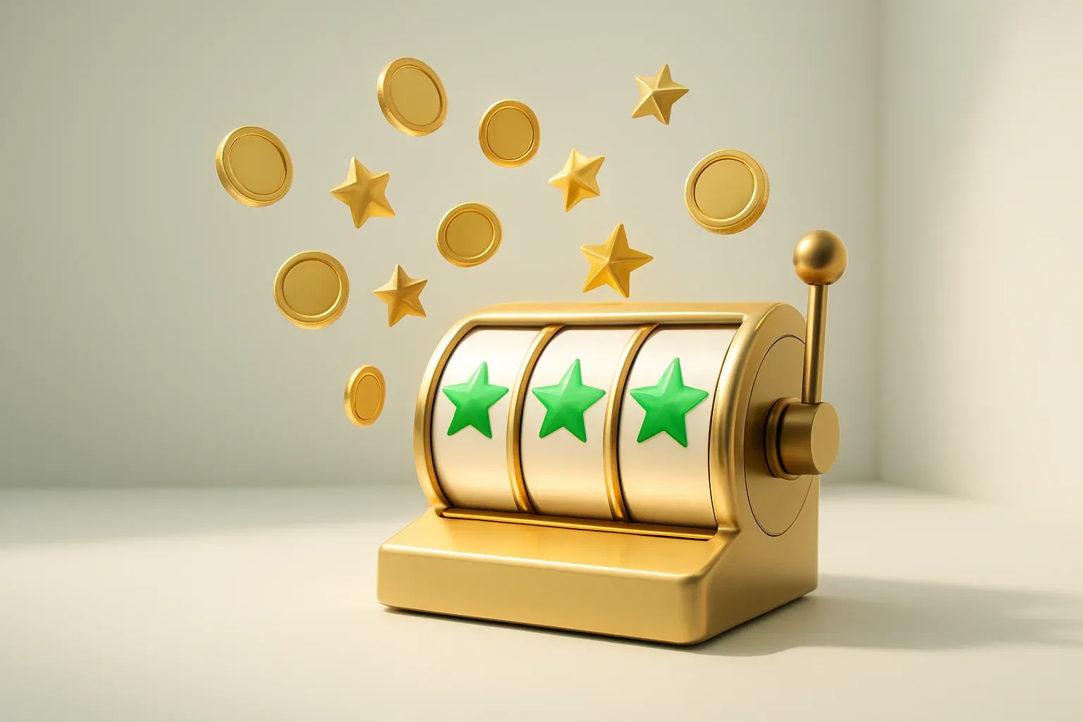 Slot machine jackpot with floating coins and stars on white background